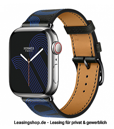 Apple Watch Hermes Series 7 GPS + Cellular leasen, 41 mm  Edelstahlgehäuse Silber, Swift-Lederarmband Noir/Bleu Électrique